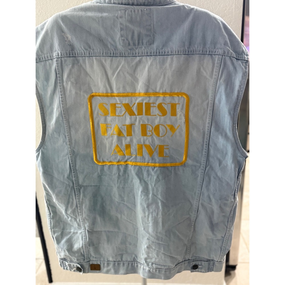 i-Link Mens Light Wash Denim Vest Sexiest Fat Boy Alive Military‎ Patches 5XL